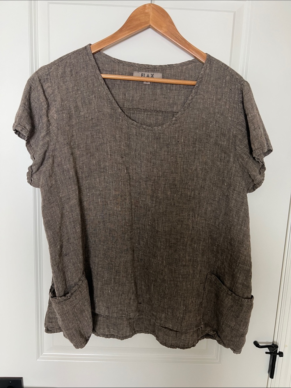 FLAX Relaxed Short-Sleeve Linen Blend Tunic in Taupe Brown